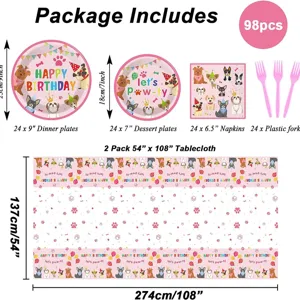 Set de fête 98 pièces thème chien rose incluant assiettes serviettes et nappe de table