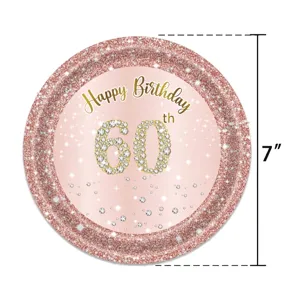 Détail d'une assiette en papier pailletée or rose 7 pouces pour 60e anniversaire