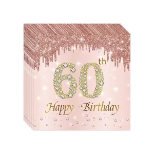 Détail de serviettes de fête jetables 60e anniversaire or rose avec effet paillettes