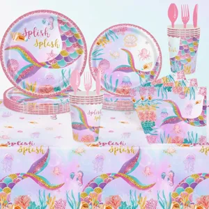 Fournitures de Fête d'Anniversaire de Sirène Dégradé Rose Violet Vaisselle Jetable Assiettes Gobelets Serviettes Bannière Nappe pour Enfants Filles Décorations