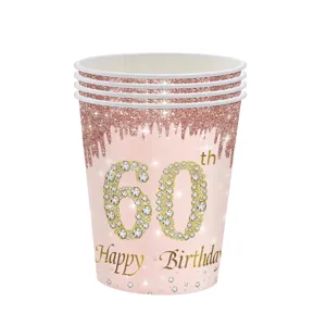 Détail des gobelets en papier jetables rose gold 60th Happy Birthday pour la fête