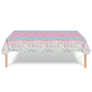Disposable PE plastic tablecloth with mermaid scales and pink-blue gradient design.