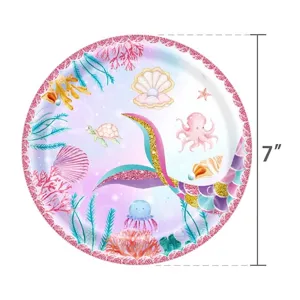 Assiette en papier décorative de 7 pouces thème sirène avec créatures marines colorées