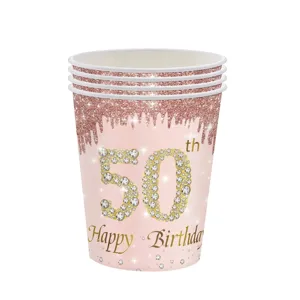 Gobelets en papier 50 ans Joyeux Anniversaire or rose avec design pailleté brillant