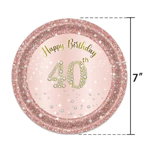 Assiette en papier rose gold de 7 pouces pour 40ème anniversaire avec design brillant