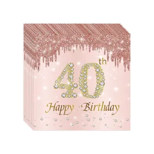 Détail de serviettes 40 ans or rose avec motifs pailletés et diamants étincelants