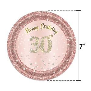 Assiette en papier or rose de 7 pouces avec motif pailleté pour 30e anniversaire