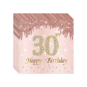 Serviettes d'anniversaire 30 ans or rose avec un motif de gouttes de paillettes