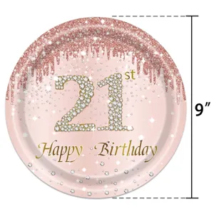 Assiette en carton jetable de 9 pouces pour 21e anniversaire, or rose avec texte pailleté