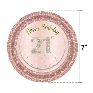 Assiette en papier or rose de 7 pouces pour 21e anniversaire avec bord pailleté