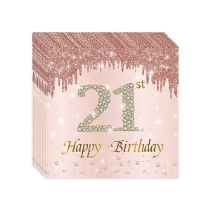 Vue détaillée de serviettes pour 21ème anniversaire en or rose avec motifs pailletés