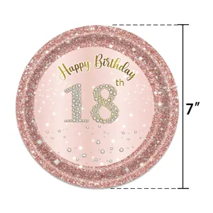Détail de l'assiette en carton rose doré de 7 pouces pour le 18e anniversaire festif