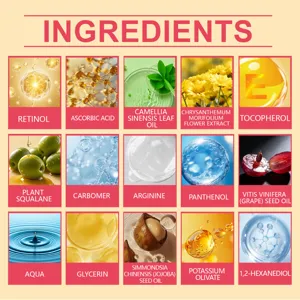 Detailed list of ingredients for nail care treatment featuring retinol and natural plant oils.