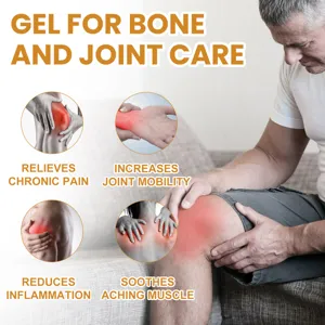 Detalle de aplicación de gel articular para el alivio del dolor de rodilla y músculos.