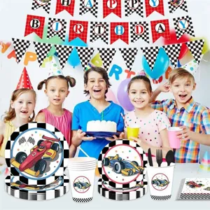 Set vaisselle de fête thème voiture de course avec assiettes, tasses pour anniversaire