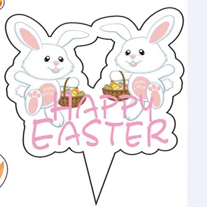 Vue détaillée du gâteau lapin Happy Easter avec décoration d'oeufs colorés joyeux