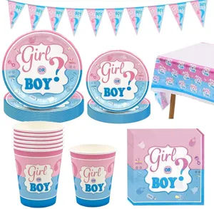 Umfassendes Set für Gender Reveal Partys mit Tellern, Bechern und Servietten Design.