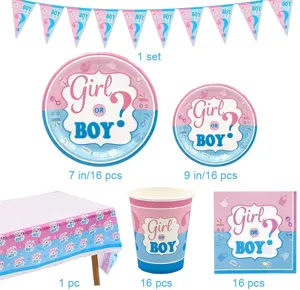 Detailansicht der Komponenten des Gender Reveal Party-Sets mit Tellern Bechern Servietten