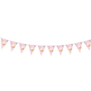 Détail de la banderole rose de Pâques décorée avec motifs de lapins et de fleurs