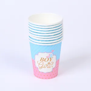 Gobelets en papier empilés rose et bleu pour Gender Reveal avec texte doré Boy or Girl