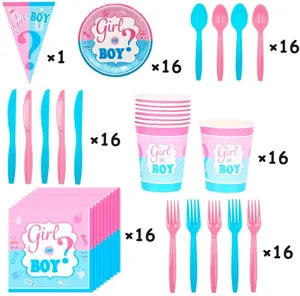 Gender Reveal Party Zubehör Set mit rosa und blauen Tassen, Tellern und Besteck