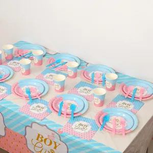 Ensemble de Vaisselle pour Fête de Révélation de Sexe Boy Or Girl Rose Bleu Or à Pois Rayé Assiettes en Papier Gobelets Serviettes Nappe Kit Couverts