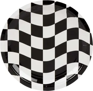 Vue de dessus d'une assiette ronde en papier avec motif à damier de course noir et blanc