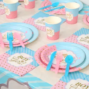 Kit de vaisselle pour fête prénatale avec assiettes, gobelets et serviettes bleu et rose
