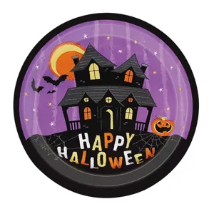 Assiette en papier ronde pour Halloween avec maison hantée et texte Happy Halloween pour fête