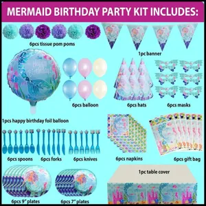 Vue détaillée des composants du kit de fête sirène avec assiettes et ballons