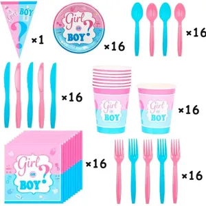 Gender Reveal Party Geschirr-Set mit rosa und blauem Girl or Boy Design 113 tlg