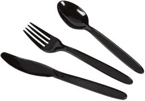 Set de couverts premium en plastique noir avec fourchette, couteau et cuillère fête.