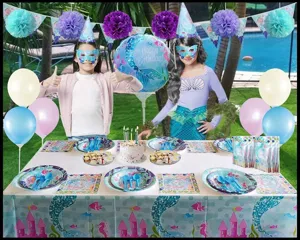 Kit complet de fournitures de fête d'anniversaire sirène avec nappe assiettes et couverts