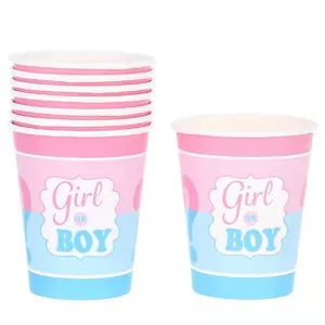 Einweg-Pappbecher für Gender Reveal Partys mit blauem und rosa Boy or Girl Themendesign