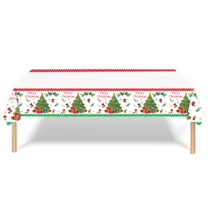 Tovaglia natalizia usa e getta festiva con motivi di alberi e regali per decorazioni.