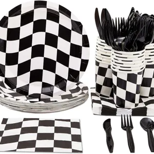 Ensemble de Vaisselle de Fête d'Anniversaire à Thème de Course à Damier Noir Blanc Drapeau de Course Assiettes Jetables Gobelets Serviettes Nappe Pour Enfants Adultes