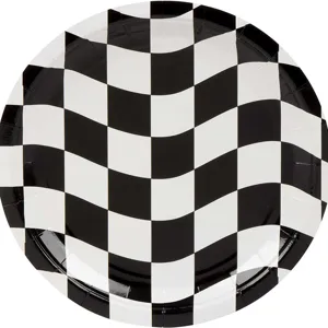 Assiette en papier à damier noir et blanc sur le thème de la course pour fête