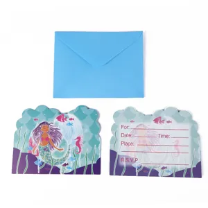Set de cartes d'invitation d'anniversaire sirène avec enveloppe bleue et détails.