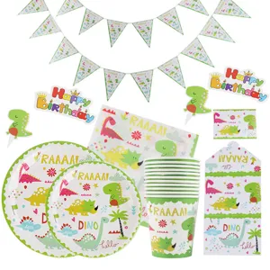 Ensemble de Vaisselle de Fête d'Anniversaire Dinosaure pour Enfants Assiettes en Papier Gobelets Serviettes Nappe Décoration de Fête