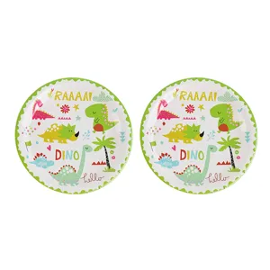 Deux assiettes en carton colorées sur le thème des dinosaures pour fête d'anniversaire