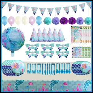 Ensemble de Fournitures de Fête d'Anniversaire pour Enfants Thème Sirène Nappe Gobelet en Papier Assiette Chapeau d'Anniversaire Serviette Kit de Décoration pour Enfants Filles