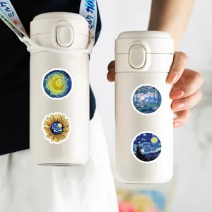 Insulated thermos water bottle with artistic Van Gogh painting stickers and portable strap