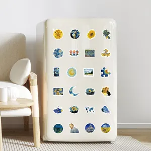 Detailed shot of various Van Gogh oil painting art stickers displayed neatly on a retro cream refrigerator.