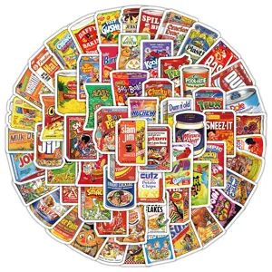 Close-up of 100 colorful American food parody stickers for laptop and DIY decor