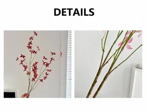 Nahaufnahme der realistischen Stängeltextur und roten Blüten künstlicher Orchideen