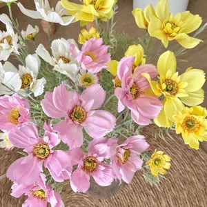 Close-up of vibrant 4-head artificial cosmos flowers in pink, yellow and white