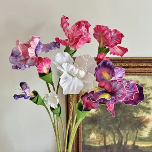 Detailed view of realistic oil painting style artificial iris flowers for artistic home decor