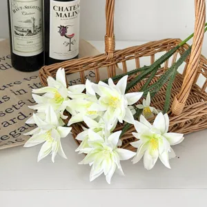 Gedetailleerd overzicht van witte kunstmatige Kylin-cactusbloemen in een rijk gevlochten mand