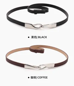Comparison of black and coffee minimalist thin belts with silver interlocking clasps.