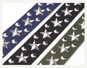 Close-up of heavy duty nylon belts with decorative silver star and round metal studs